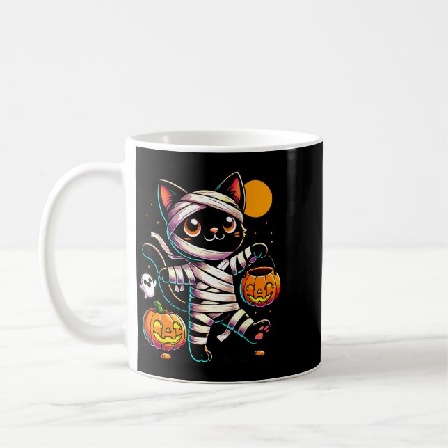 Black Cat Mummy Halloween Pumpkin Coffee Mug (Left)