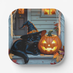 Black Cat Napping on Pumpkin Halloween Paper Plate