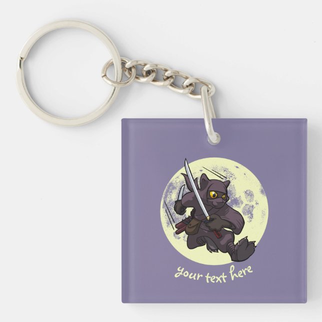 Black Cat Ninja Katana Swords Flying Kick Cartoon Keychain (Front)