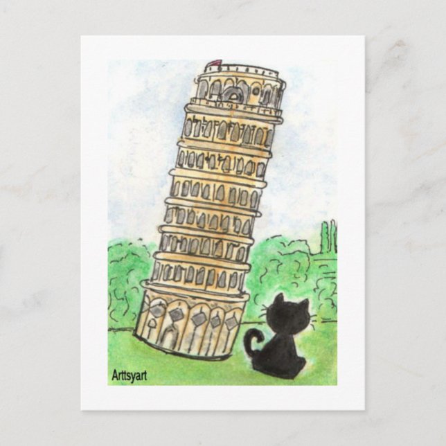 Black cat Noir Chat Leaning Tower of Pisa Art Postcard (Front)