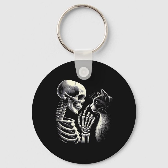 Black Cat Nose Skeleton Hand Funny Halloween Cat L Keychain (Front)