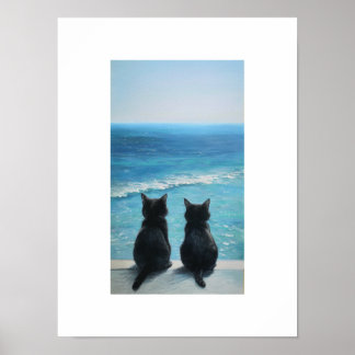 Black Cat Ocean View Art Poster