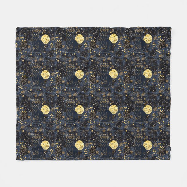 Black Cat of the Starry Skies Pattern Fleece Blanket (Front (Horizontal))