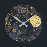 Black Cat of the Starry Skies Round Clock<br><div class="desc">You recognize this look - the smug, all-knowing look from a cat. Enjoy that look every day with this adorable black cat wall clock! This whimsical design is sure to please any cat lover. A dark blue and black background really shows off the beautiful gold and yellow starry skies and...</div>