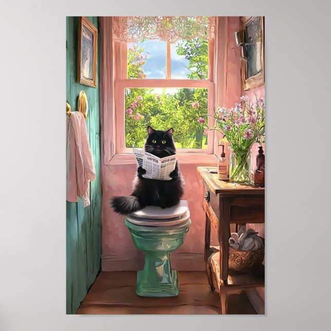 Black Cat on a Bathroom Seat Reading Papers Poster (Front)
