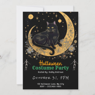 Black Cat on a Crescent Moon Black Halloween Invitation