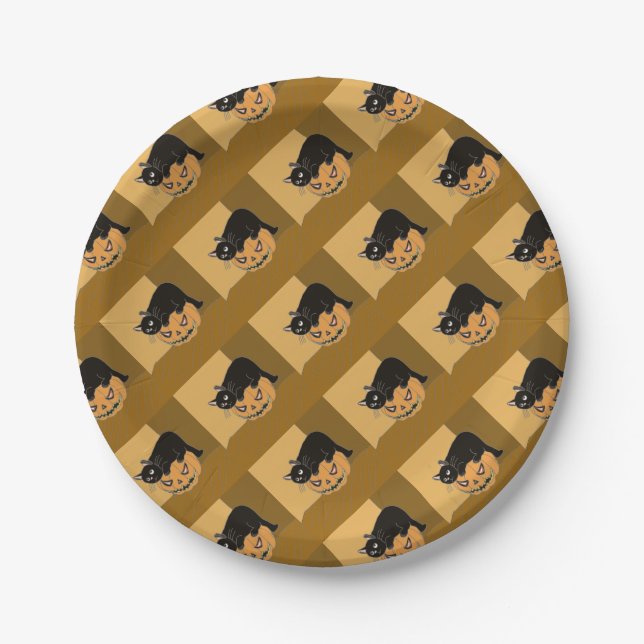 Black Cat on a Pumpkin Paper Plate (Front)