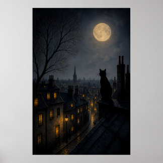 Black Cat on a Rooftop Above a Sleeping Town Poster