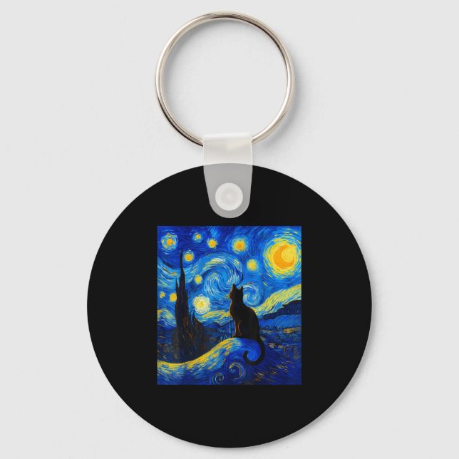 Black Cat On A Starry Night – Cat Lover Funny Van  Keychain (Front)