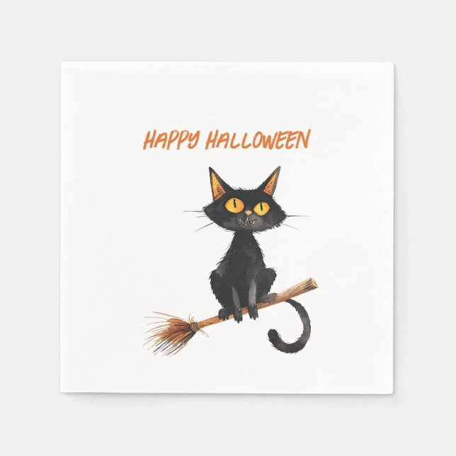 Black Cat on a Witch's Broom Happy Halloween Napkin (Front)