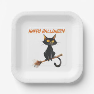 Black Cat on a Witch's Broom Happy Halloween Paper Plate