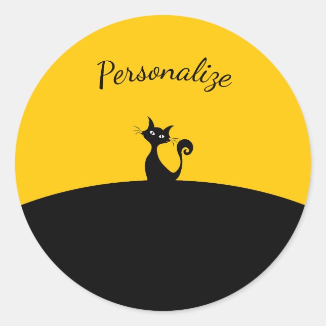 Black Cat on Black & Yellow Personalize Classic Round Sticker (Front)