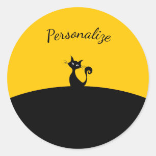 Black Cat on Black & Yellow Personalize Classic Round Sticker