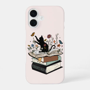 Black Cat on Book Funny Cat iPhone 16 Case