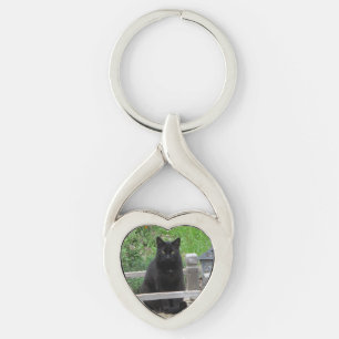 Black Cat on Bridge Heart Keychain
