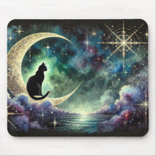 Black Cat on Crescent Moon with Starry Night Sky Mouse Pad
