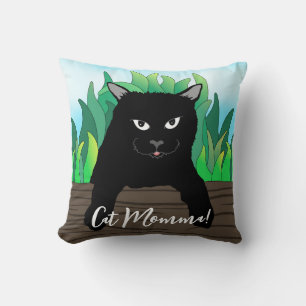 Black cat on fence, Cat momma, Throw Pillow