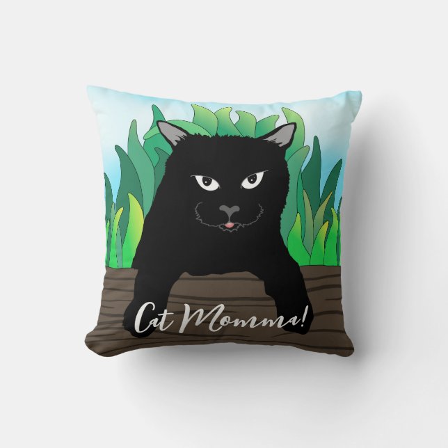 Black cat on fence, Cat momma, Throw Pillow (Front)