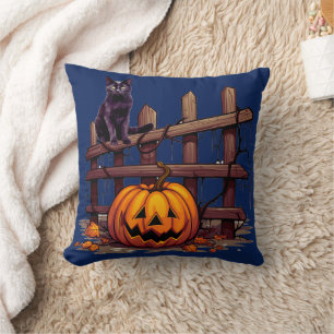 Black Cat on Fence Jack-O' Lantern Halloween Throw Pillow