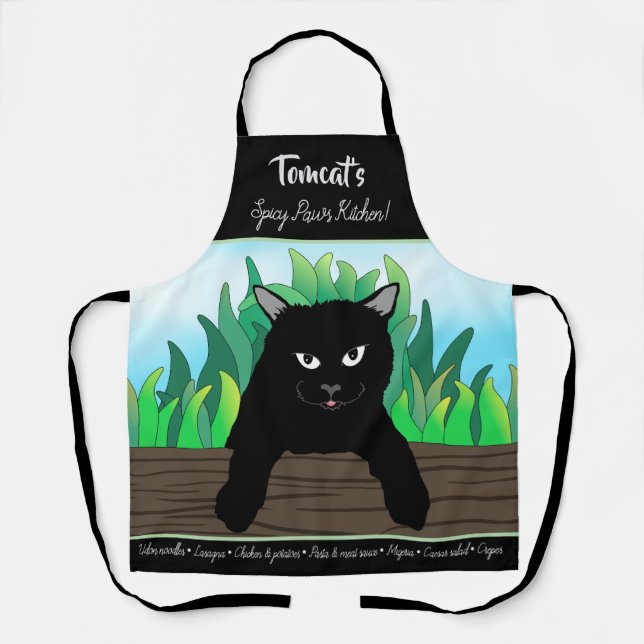 Black cat on fence with green grass apron (Front)