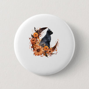 Black Cat On Floral Moon Pumpkin Black Cat Hallowe 2 Inch Round Button