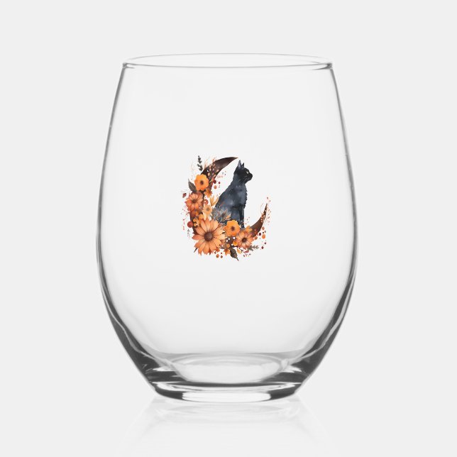 Black Cat On Floral Moon Pumpkin Black Cat Hallowe Stemless Wine Glass