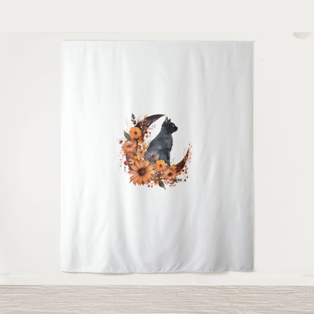 Black Cat On Floral Moon Pumpkin Black Cat Hallowe Tapestry (Front)