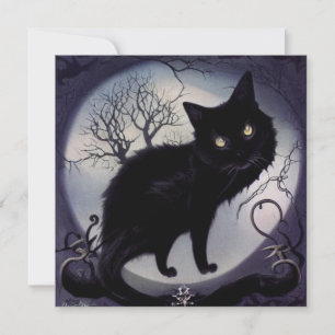 Black cat on full moon. Halloween night. Card