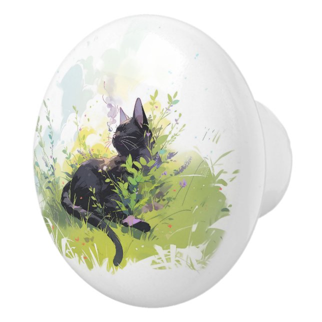 Black Cat on Grass Ceramic Pull (Right)