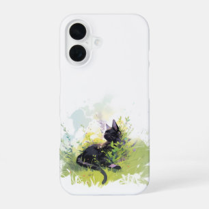 Black Cat on Grass iPhone 16 Case