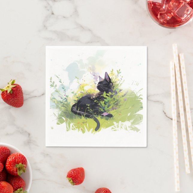 Black Cat on Grass Paper Napkins (Insitu)