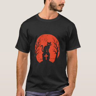 Black Cat on Gravestone Halloween T-Shirt