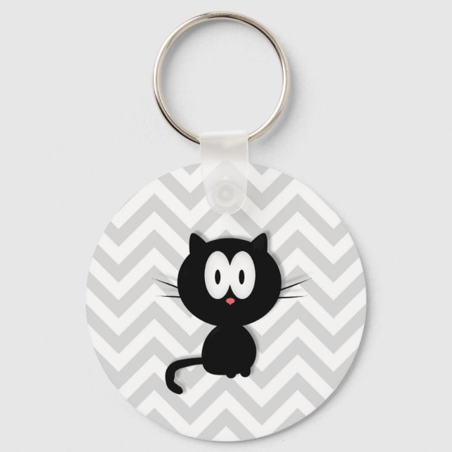 Black Cat on gray chevron Keychain (Front)
