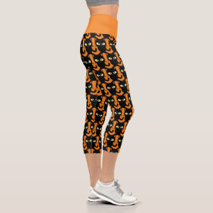 Black Cat on Orange Halloween Style Yoga Capri Leggings