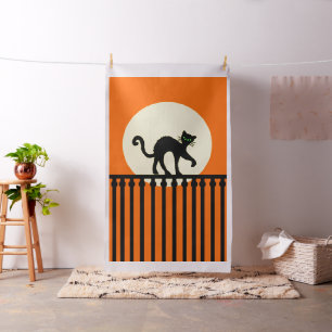 Black Cat on Ornate Fence Full Moon Bright Orange Fabric