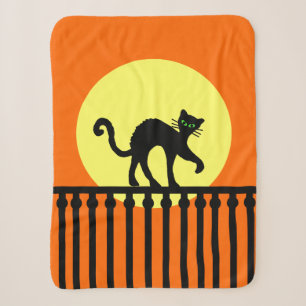 Black Cat on Ornate Fence Full Moon Vibrant Orange Sherpa Blanket