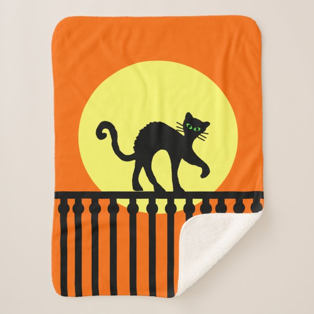 Black Cat on Ornate Fence Full Moon Vibrant Orange Sherpa Blanket (Front)