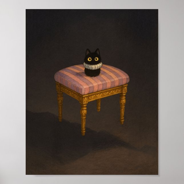 Black Cat on Pink Striped Stool Art Print (Front)