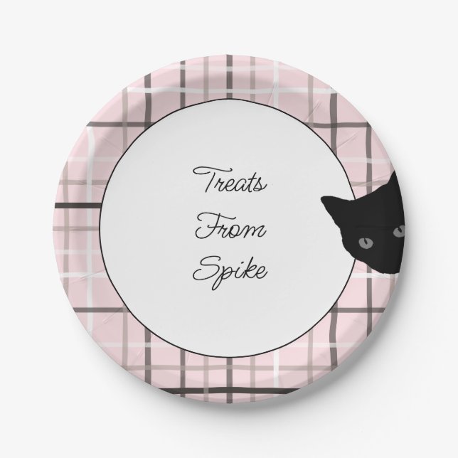 Black Cat on Plaid  Paper Plate (Front)