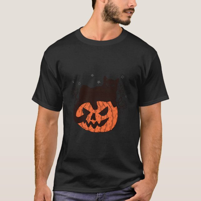 Black Cat On Pumpkin Face Halloween Spooky Season T-Shirt (Front)