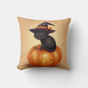 Black Cat on Pumpkin Halloween Square Pillow