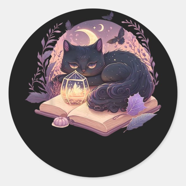 Black Cat On Pumpkin T-Shirt - Full Moon Halloween Classic Round Sticker (Front)