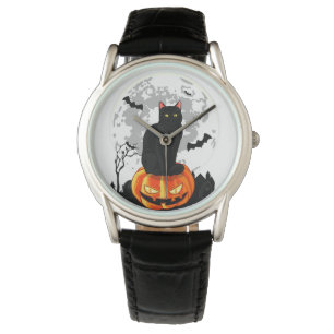 Black Cat On Pumpkin T-Shirt - Full Moon Halloween Watch