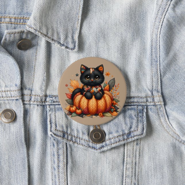 Black Cat on Pumpkin with Autumn Quilt Pattern 3 Inch Round Button (In Situ)
