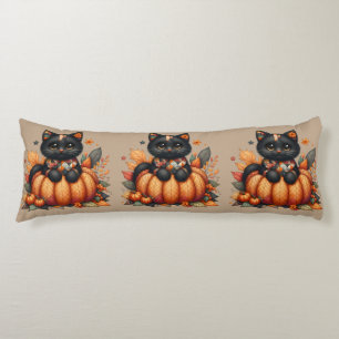 Black Cat on Pumpkin with Autumn Quilt Pattern Body Pillow