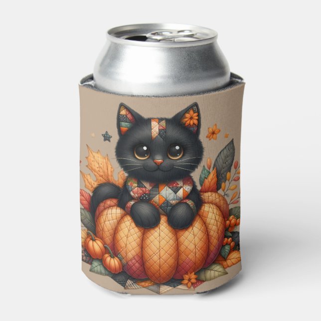 Black Cat on Pumpkin with Autumn Quilt Pattern Can Cooler (Can Front)