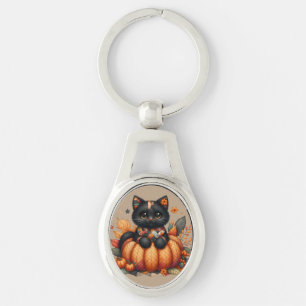 Black Cat on Pumpkin with Autumn Quilt Pattern Keychain
