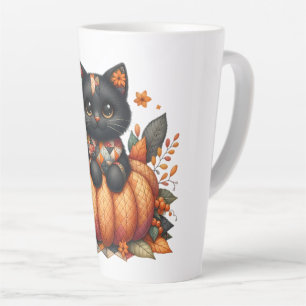 Black Cat on Pumpkin with Autumn Quilt Pattern Latte Mug