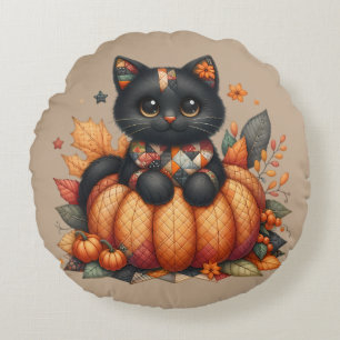 Black Cat on Pumpkin with Autumn Quilt Pattern Round Pillow