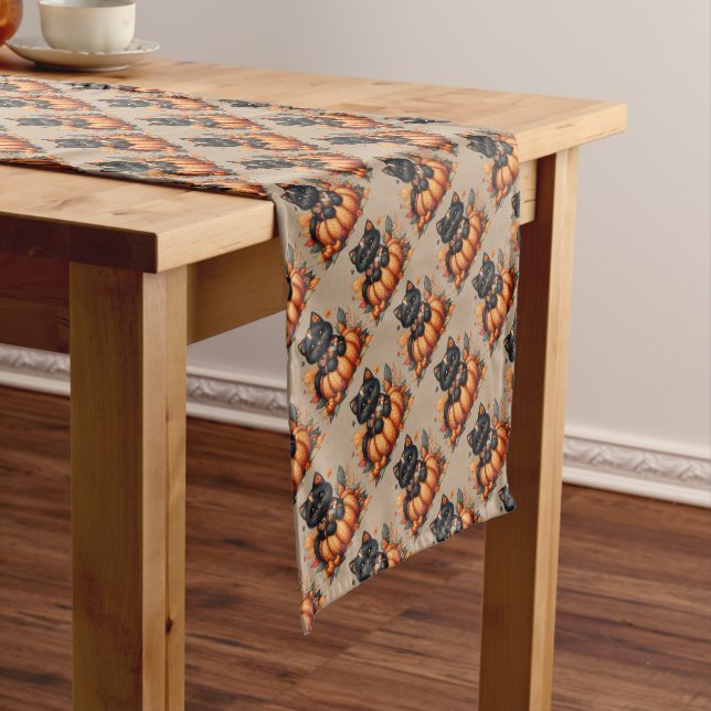Black Cat on Pumpkin with Autumn Quilt Pattern Short Table Runner (In Situ)
